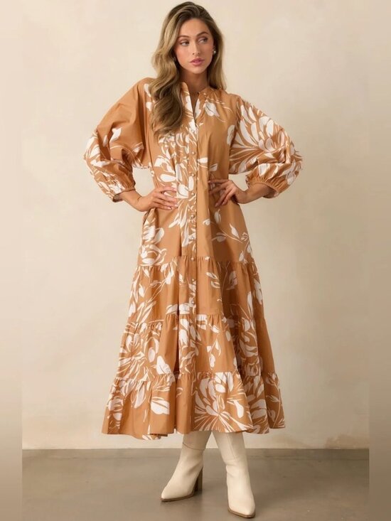 prosperina Dresses & Skirts - Prosperina Adelaide Fawn Brown Floral Cotton Maxi Dress